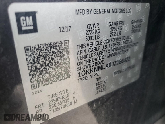 2018 GMC Acadia SLT with VIN 1GKKNMLA0JZ186422, listed as a Copart auction lot 67972104 with 84,891 mi miles and Salvage Title. Bid and sale history available at DreamBid. Image 15.