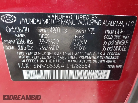 2020 Hyundai Santa Fe Limited with VIN 5NMS53AA1LH288554, listed as a IAAI auction lot 41928520 with 48,816 mi miles and . Bid and sale history available at DreamBid. Image 9.