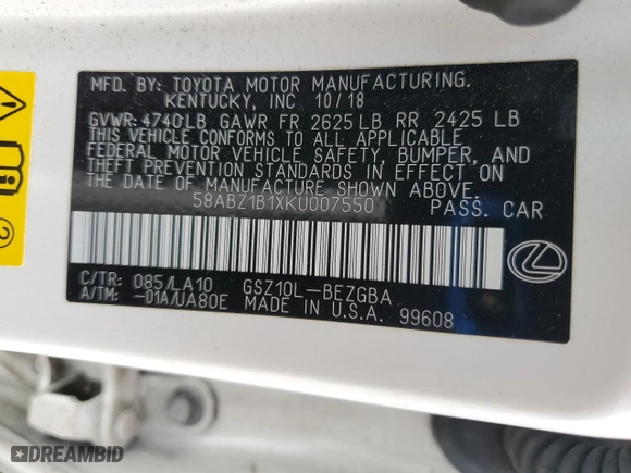 2019 Lexus ES with VIN 58ABZ1B1XKU007550, listed as a Copart auction lot 53268295 with 28,515 mi miles and Salvage Title. Bid and sale history available at carsss.com. Image 14.