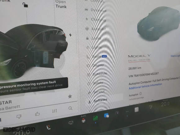 2022 Tesla Model Y Performance with VIN 7SAYGDEF8NF452387, listed as a Copart auction lot 49608435 with 28,961 mi miles and Non Repairable. Bid and sale history available at carsss.com. Image 9.
