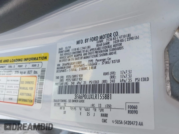 2020 Ford Fusion SE with VIN 3FA6P0LUXLR155881, listed as a IAAI auction lot 42426199 with 103,809 mi miles and . Bid and sale history available at DreamBid. Image 9.