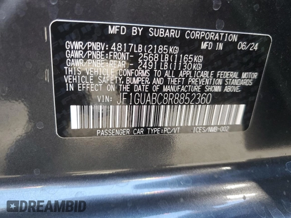 2024 Subaru Impreza with VIN JF1GUABC8R8852360, listed as a Copart auction lot 72816664 with 1,408 mi miles and Salvage Title. Bid and sale history available at carsss.com. Image 12.