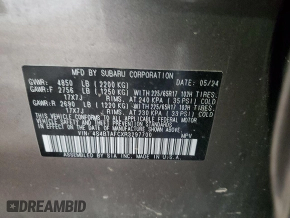 2024 Subaru Outback Premium с VIN 4S4BTAFCXR3297700, выставлен на аукционе Copart как лот 62837655 с пробегом 13 278 миль миль и Списание • Salvage title. История ставок и продаж доступна на DreamBid. Изображение 14.