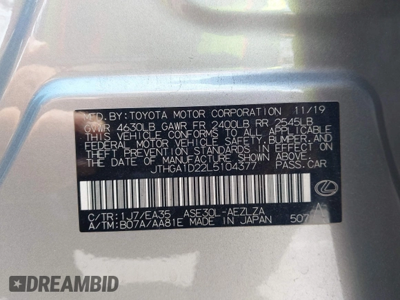 2020 Lexus IS 300 F Sport with VIN JTHGA1D22L5104377, listed as a IAAI auction lot 42488594 with 59,089 mi miles and . Bid and sale history available at DreamBid. Image 9.