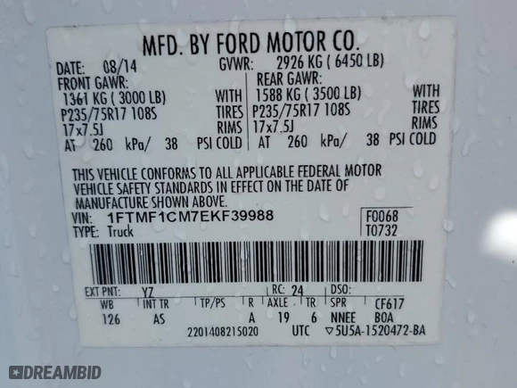 2014 Ford F-150 XL with VIN 1FTMF1CM7EKF39988, listed as a Copart auction lot 51571215 with 129,199 mi miles and Salvage Title. Bid and sale history available at carsss.com. Image 12.