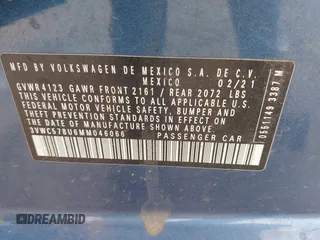 2021 Volkswagen Jetta S z VIN 3VWC57BU6MM046066, wystawiony jako IAAI lot #42199064 z przebiegiem 86 394 mil mil oraz . Historia ofert i sprzedaży dostępna na DreamBid. Obrazek 9.