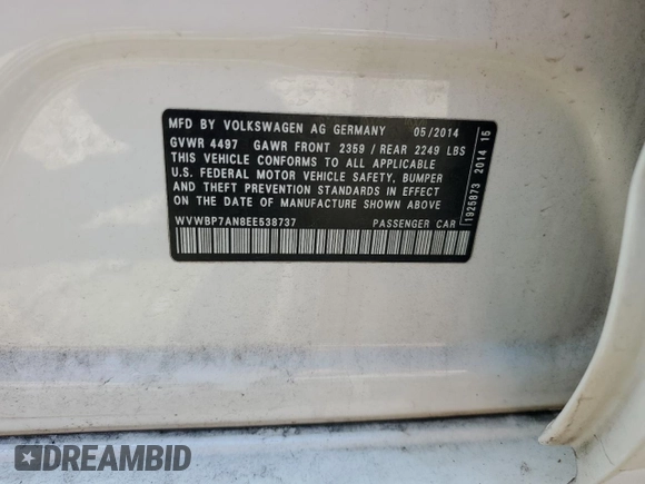 2014 Volkswagen CC Sport with VIN WVWBP7AN8EE538737, listed as a Copart auction lot 68656344 with 131,941 mi miles and Salvage Title. Bid and sale history available at carsss.com. Image 15.