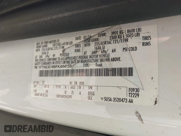 2015 Ford Transit Cargo with VIN 1FTNE2CM9FKA64133, listed as a IAAI auction lot 41312926 with 117,176 mi miles and . Bid and sale history available at carsss.com. Image 9.