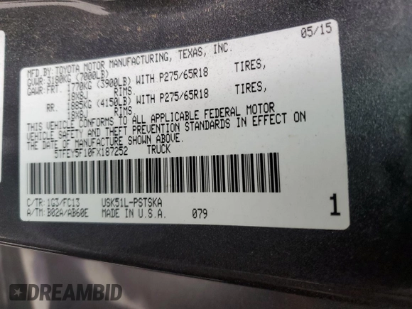 2015 Toyota Tundra SR5 z VIN 5TFEY5F10FX187252, wystawiony jako Copart lot #50932725 z przebiegiem 58 323 mil mil oraz Szkoda całkowita • Salvage title. Historia ofert i sprzedaży dostępna na DreamBid. Obrazek 14.