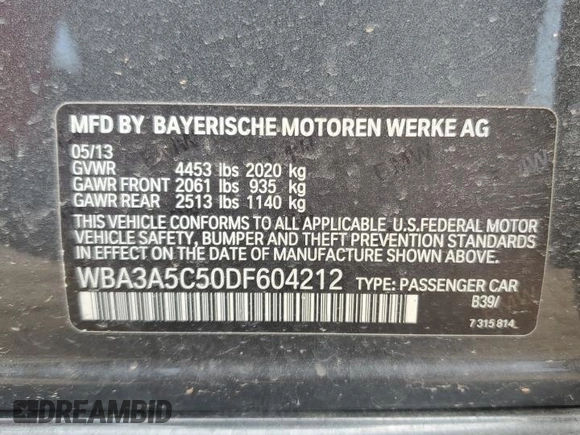 2013 BMW 3 Series 328i with VIN WBA3A5C50DF604212, listed as a Copart auction lot 62557915 with Not provided miles and Salvage title. Bid and sale history available at DreamBid. Image 12.
