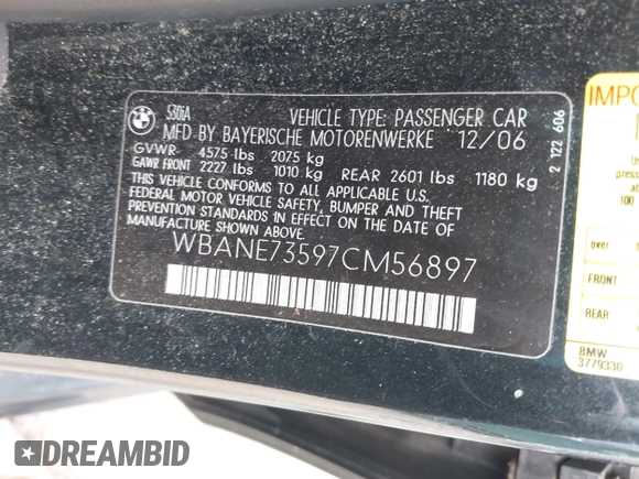 2007 BMW 5 Series 530i with VIN WBANE73597CM56897, listed as a IAAI auction lot 42113113 with 212,774 mi miles. Bid and sale history available at carsss.com. Image 9.
