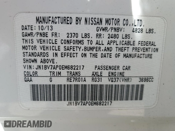 2014 Infiniti Q50 Sport with VIN JN1BV7AP0EM682217, listed as a Copart auction lot 49917125 with 65,606 mi miles and Salvage Title. Bid and sale history available at DreamBid. Image 12.