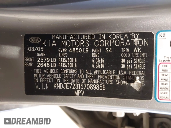 2005 Kia Sportage LX with VIN KNDJE723157089856, listed as a IAAI auction lot 41826630 with 200,380 mi miles and . Bid and sale history available at carsss.com. Image 9.