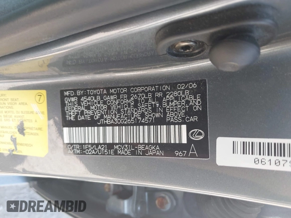 2006 Lexus ES 350 with VIN JTHBA30G265174571, listed as a IAAI auction lot 42108267 with 174,907 mi miles and . Bid and sale history available at DreamBid. Image 9.