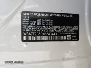 2019 BMW 7 Series 750i xDrive with VIN WBA7F2C59KB240443, listed as a Copart auction lot 60637203 with 58,257 mi miles. Bid and sale history available at carsss.com. Image 14.