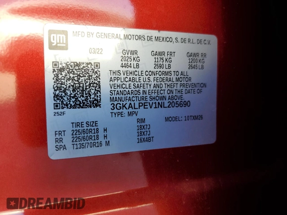 2022 GMC Terrain SLT with VIN 3GKALPEV1NL205690, listed as a Copart auction lot 58277575 with 71,080 mi miles and Salvage title. Bid and sale history available at DreamBid. Image 12.