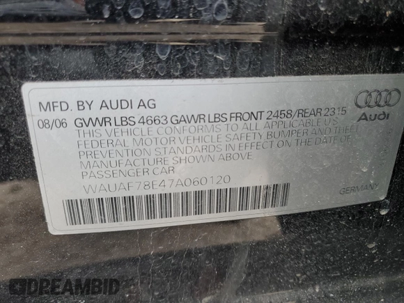 2007 Audi A4 2.0T with VIN WAUAF78E47A060120, listed as a Copart auction lot 51711035 with 108,291 mi miles and Salvage Title. Bid and sale history available at carsss.com. Image 14.