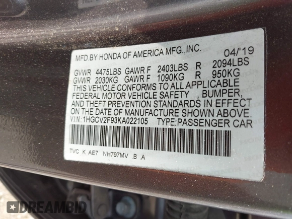 2019 Honda Accord Touring with VIN 1HGCV2F93KA022105, listed as a IAAI auction lot 42481791 with 41,940 mi miles and . Bid and sale history available at DreamBid. Image 9.