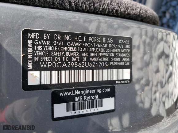 2002 Porsche Boxster with VIN WP0CA29862U624203, listed as a Copart auction lot 52959395 with 91,296 mi miles and Salvage Title. Bid and sale history available at carsss.com. Image 12.