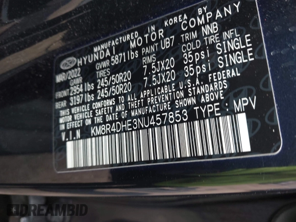 2022 Hyundai Palisade SEL z VIN KM8R4DHE3NU457853, wystawiony jako IAAI lot #42028080 z przebiegiem 34 654 mil mil oraz . Historia ofert i sprzedaży dostępna na DreamBid. Obrazek 9.