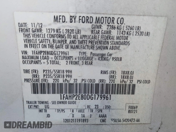 2013 Ford Taurus SEL with VIN 1FAHP2E80DG179961, listed as a IAAI auction lot 42088532 with 131,196 mi miles and . Bid and sale history available at carsss.com. Image 9.