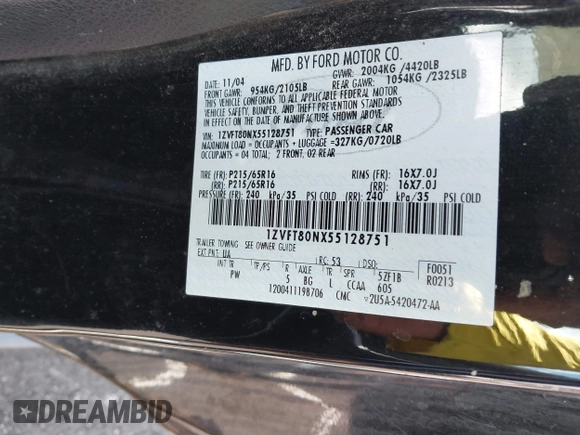 2005 Ford Mustang Deluxe with VIN 1ZVFT80NX55128751, listed as a IAAI auction lot 42739520 with 180,913 mi miles and . Bid and sale history available at DreamBid. Image 9.
