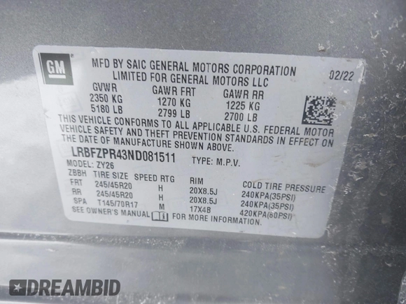 2022 Buick Envision Essence with VIN LRBFZPR43ND081511, listed as a IAAI auction lot 41574279 with 35,490 mi miles. Bid and sale history available at carsss.com. Image 9.
