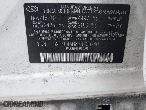 2011 Hyundai Sonata Limited with VIN 5NPEC4AB8BH205740, listed as a IAAI auction lot 41565687 with 195,641 mi miles and . Bid and sale history available at DreamBid. Image 9.