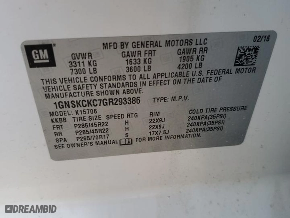 2016 Chevrolet Tahoe LTZ with VIN 1GNSKCKC7GR293386, listed as a Copart auction lot 48852055 with 113,908 mi miles and Clean Title. Bid and sale history available at carsss.com. Image 13.