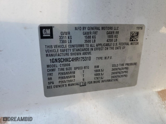 2017 Chevrolet Suburban LT with VIN 1GNSCHKC4HR175310, listed as a Copart auction lot 80675064 with 171,522 mi miles and Salvage Title. Bid and sale history available at carsss.com. Image 16.