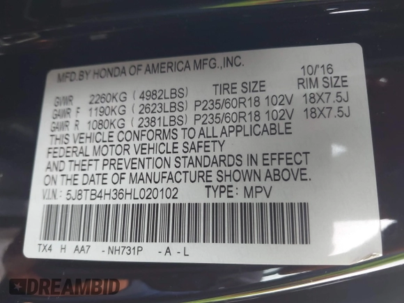 2017 Acura RDX with VIN 5J8TB4H36HL020102, listed as a IAAI auction lot 41463764 with 55,172 mi miles. Bid and sale history available at carsss.com. Image 9.