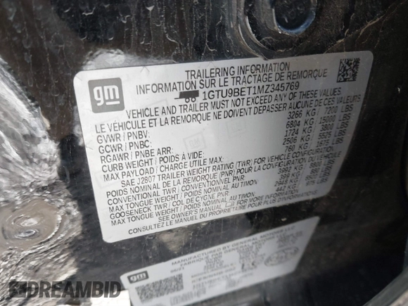 2021 GMC Sierra 1500 with VIN 1GTU9BET1MZ345769, listed as a IAAI auction lot 41729353 with 62,369 mi miles and . Bid and sale history available at DreamBid. Image 9.