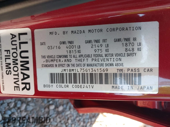 2016 Mazda 3 i Touring with VIN JM1BM1L75G1341569, listed as a IAAI auction lot 40962391 with 156,290 mi miles and . Bid and sale history available at DreamBid. Image 9.