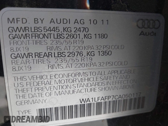 2012 Audi Q5 2.0T Premium Plus with VIN WA1LFAFP7CA050117, listed as a IAAI auction lot 41710056 with 152,969 mi miles. Bid and sale history available at carsss.com. Image 9.