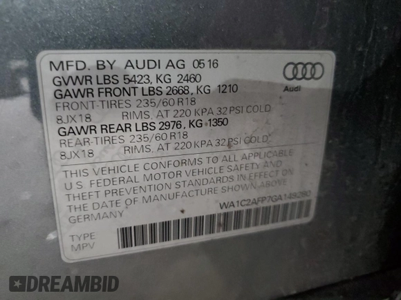 2016 Audi Q5 Premium with VIN WA1C2AFP7GA149280, listed as a Copart auction lot 85128394 with 146,135 mi miles and Salvage Title. Bid and sale history available at carsss.com. Image 16.