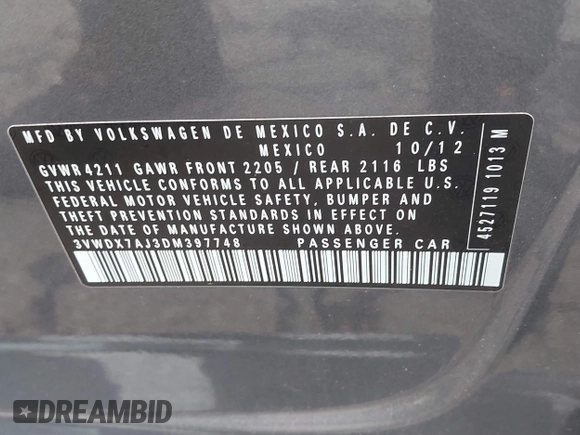 2013 Volkswagen Jetta SE z VIN 3VWDX7AJ3DM397748, wystawiony jako IAAI lot #42283421 z przebiegiem 195 928 mil mil oraz . Historia ofert i sprzedaży dostępna na DreamBid. Obrazek 9.