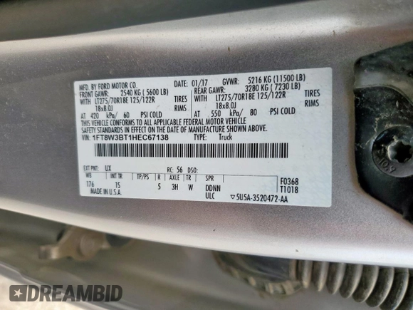 2017 Ford F-350 Platinum с VIN 1FT8W3BT1HEC67138, выставлен на аукционе Copart как лот 58471145 с пробегом 152 278 миль миль и Списание • Salvage title. История ставок и продаж доступна на DreamBid. Изображение 12.