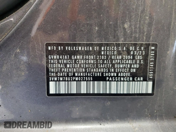 2023 Volkswagen Jetta SE с VIN 3VW7M7BU2PM027555, выставлен на аукционе Copart как лот 56424445 с пробегом 18 692 миль миль и Списание • Salvage title. История ставок и продаж доступна на DreamBid. Изображение 12.