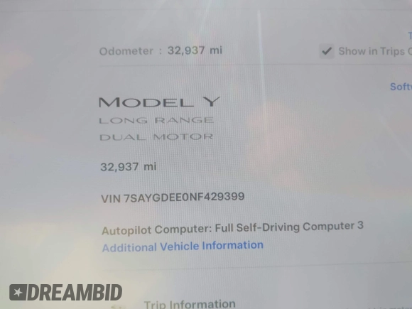 2022 Tesla Model Y Long Range z VIN 7SAYGDEE0NF429399, wystawiony jako IAAI lot #42333630 z przebiegiem 32 937 mil mil oraz . Historia ofert i sprzedaży dostępna na DreamBid. Obrazek 7.