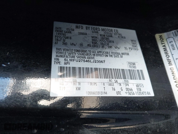 2006 Lincoln Navigator Luxury z VIN 5LMFU27546LJ23067, wystawiony jako IAAI lot #41593171 z przebiegiem Nie podano mil oraz . Historia ofert i sprzedaży dostępna na DreamBid. Obrazek 9.