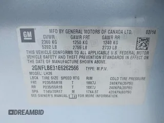2014 Chevrolet Equinox LT with VIN 2GNFLBE31E6262566, listed as a IAAI auction lot 41295999 with 102,167 mi miles. Bid and sale history available at carsss.com. Image 9.