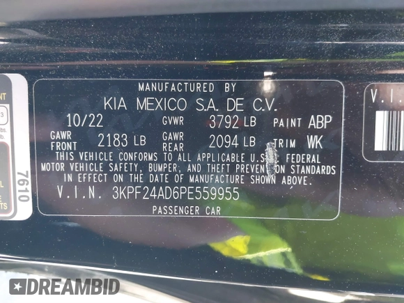 2023 Kia Forte LXS with VIN 3KPF24AD6PE559955, listed as a IAAI auction lot 41856679 with 14,968 mi miles. Bid and sale history available at carsss.com. Image 9.