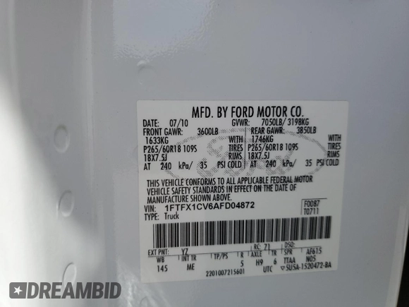 2010 Ford F-150 XL with VIN 1FTFX1CV6AFD04872, listed as a Copart auction lot 53156965 with 194,970 mi miles and Salvage Title. Bid and sale history available at carsss.com. Image 12.