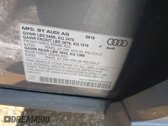 2020 Audi Q5 Prestige with VIN WA1CNAFY5L2015789, listed as a IAAI auction lot 42653993 with 59,725 mi miles and . Bid and sale history available at DreamBid. Image 9.