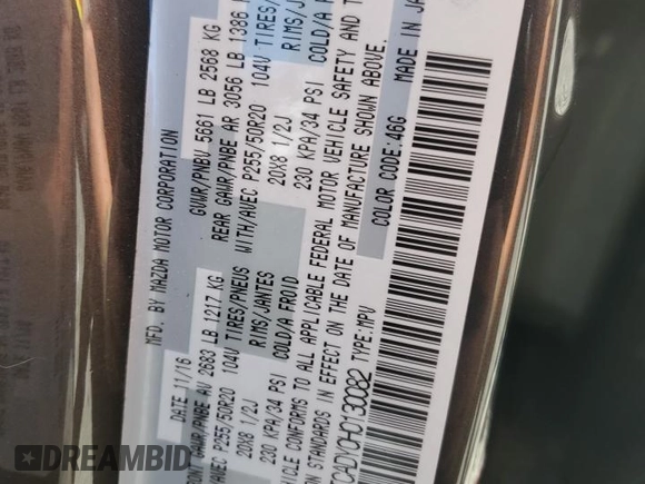 2017 Mazda CX-9 Grand Touring with VIN JM3TCADY0H0130082, listed as a Copart auction lot 56464384 with 115,078 mi miles and Salvage title. Bid and sale history available at DreamBid. Image 13.