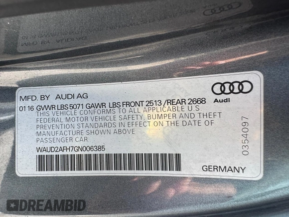 2016 Audi A5 Premium with VIN WAUD2AFH7GN006385, listed as a Copart auction lot 66216535 with 138,531 mi miles and Clean title. Bid and sale history available at DreamBid. Image 15.