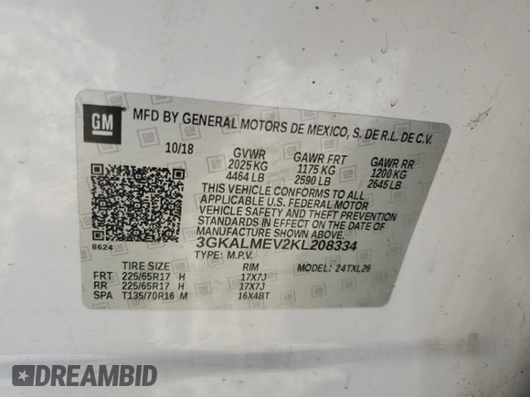 2019 GMC Terrain SLE with VIN 3GKALMEV2KL208334, listed as a Copart auction lot 52574445 with 93,138 mi miles and Salvage Title. Bid and sale history available at DreamBid. Image 15.