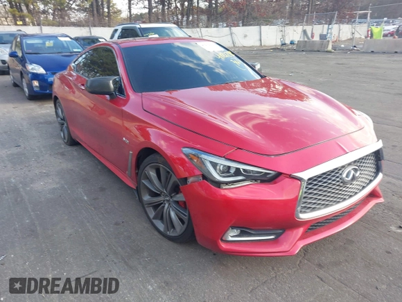 2018 Infiniti Q60 Red Sport 400 with VIN JN1FV7EL1JM630095, listed as a IAAI auction lot 41212992 with 97,970 mi miles and . Bid and sale history available at DreamBid. Image 1.