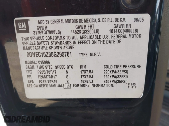 2005 Chevrolet Suburban LT with VIN 3GNEC16Z35G295761, listed as a IAAI auction lot 42168762 with 174,811 mi miles and . Bid and sale history available at DreamBid. Image 9.