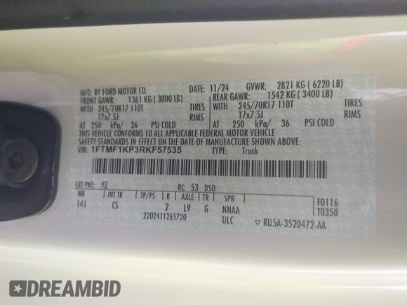 2024 Ford F-150 XL z VIN 1FTMF1KP3RKF57535, wystawiony jako IAAI lot #42477026 z przebiegiem 1 781 mil mil oraz . Historia ofert i sprzedaży dostępna na DreamBid. Obrazek 9.